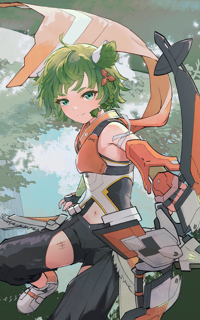 1other 3balkan animal_ears armor bow_(weapon) cat_ears clothing_cutout foot_out_of_frame green_eyes green_hair highres juniper_(xenoblade) leg_tattoo looking_at_viewer navel_cutout orange_armor orange_scarf other_focus outdoors scarf solo tattoo weapon xenoblade_chronicles_(series) xenoblade_chronicles_3