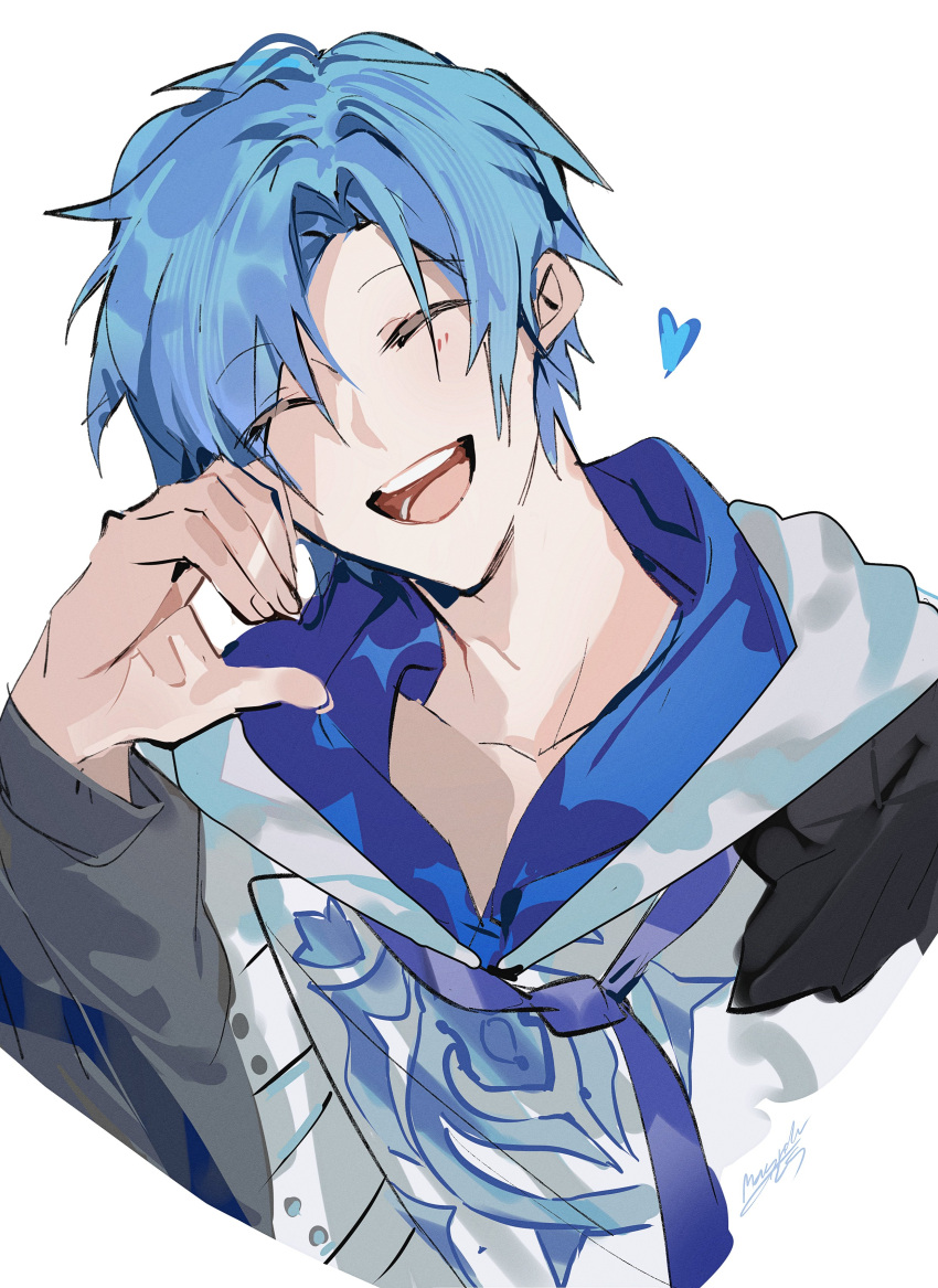 1boy absurdres blue_hair curtained_hair facing_viewer half-heart_hands happy heart highres holostars holostars_english hood hoodie layered_clothes long_sleeves magnolia29 male_focus open_mouth regis_altare short_hair sketch smile solo teeth upper_body upper_teeth_only virtual_youtuber white_background