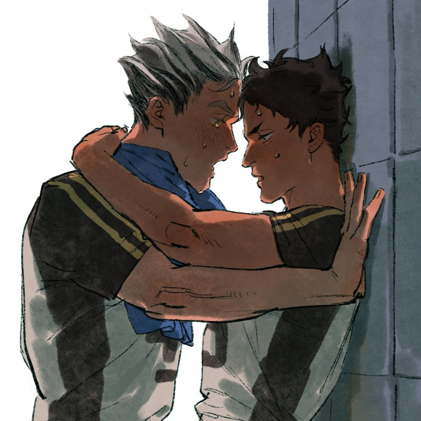 2boys against_wall akaashi_keiji arm_around_neck black_hair blush bokuto_koutarou chengongzi123 grey_hair haikyuu!! hands_up highres kabedon looking_at_another male_focus multicolored_hair multiple_boys open_mouth outdoors shirt short_hair short_sleeves simple_background sportswear standing streaked_hair sweat t-shirt thick_eyebrows towel towel_around_neck upper_body very_short_hair volleyball_uniform white_background yaoi yellow_eyes