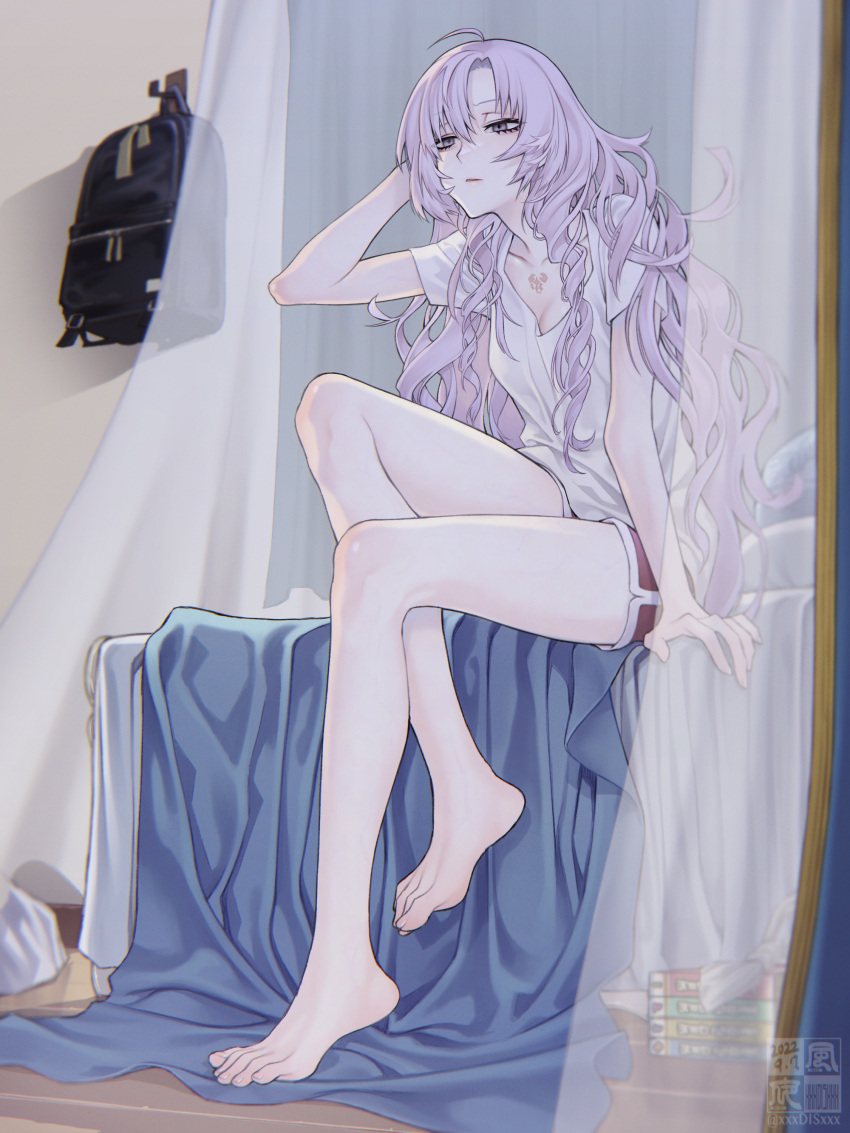 1girl absurdres backpack backpack_removed bag barefoot bed birthmark breasts cleavage curtains drill_hair highres hyakumantenbara_salome long_hair nijisanji purple_eyes purple_hair shorts sitting solo very_long_hair virtual_youtuber yokaze_(xxxdisxxx)