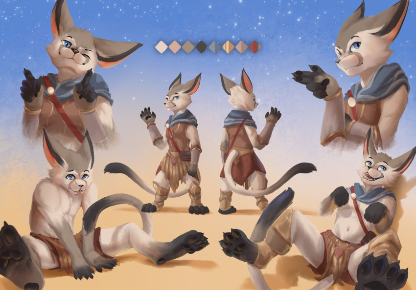 absurd_res anthro canid canine cape clothing costume fennec fox furaffinity gold_(metal) gold_jewelry hi_res jewelry male mammal model_sheet roman simple_background sitting sky solo stampmats star starry_sky