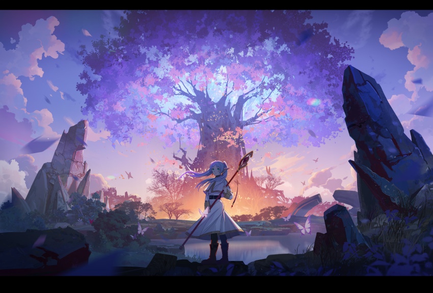 1girl absurdres belt bug butterfly capelet cloud cloudy_sky elf expressionless frieren glowing_tree highres kuroha_(pixiv91542816) long_hair looking_back mage_staff nature pointy_ears scenery skirt sky solo sousou_no_frieren standing tree twintails white_capelet white_hair white_skirt wide_shot