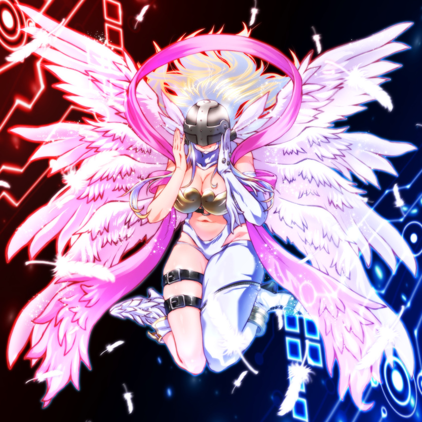 1girl absurdres angel angel_wings angewomon asymmetrical_clothes asymmetrical_footwear bare_shoulders belt blonde_hair bodysuit boobplate boots breasts cleavage closed_mouth clothing_cutout commentary_request covered_eyes digimon digimon_(creature) elbow_gloves falling_feathers feathered_wings feathers floating_hair full_body gerusyu gloves hagoromo helmet helmet_over_eyes high_heel_boots high_heels highres holy_ring large_breasts long_hair mismatched_footwear multiple_wings navel o-ring o-ring_belt shawl single_elbow_glove sitting skindentation smile solo stomach stomach_cutout thigh_strap wariza white_bodysuit white_footwear white_gloves winged_helmet wings zipper