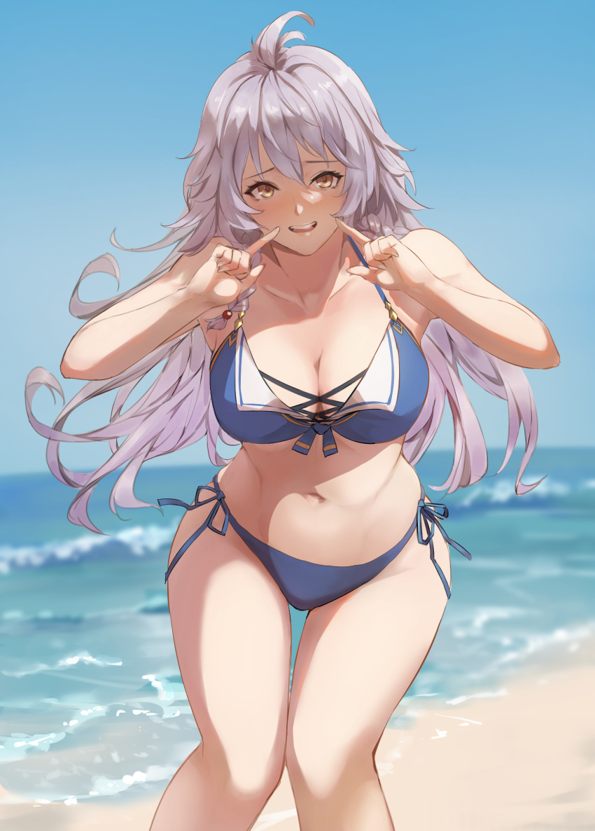 1girl antenna_hair bangs bare_shoulders bikini blue_bikini blurry blurry_background blush breasts brown_eyes cleavage collarbone day feet_out_of_frame granblue_fantasy grey_hair hands_up highres horizon knees_together_feet_apart large_breasts long_hair navel nos ocean open_mouth outdoors pointing pointing_at_self revision sand side-tie_bikini_bottom silva_(granblue_fantasy) smile solo standing swimsuit water waves