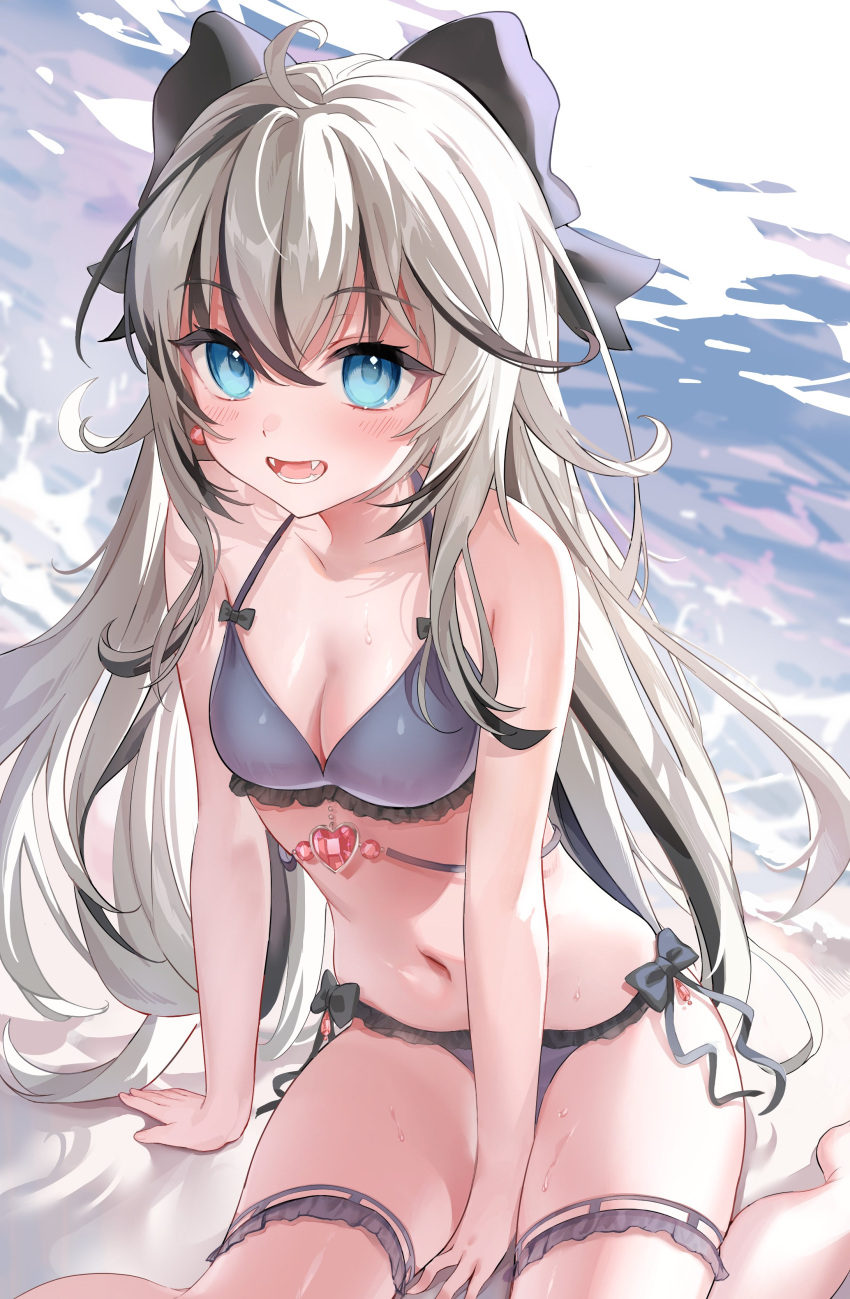 1girl absurdres ahoge alternate_costume alternate_hairstyle beach blue_eyes bow breasts breasts_day character_request cleavage collarbone earrings fangs good_breasts_day grey_hair hair_between_eyes hair_bow hair_ornament highres indie_virtual_youtuber jewelry long_hair looking_at_viewer medium_breasts navel ocean sitting solo swimsuit tume_abura