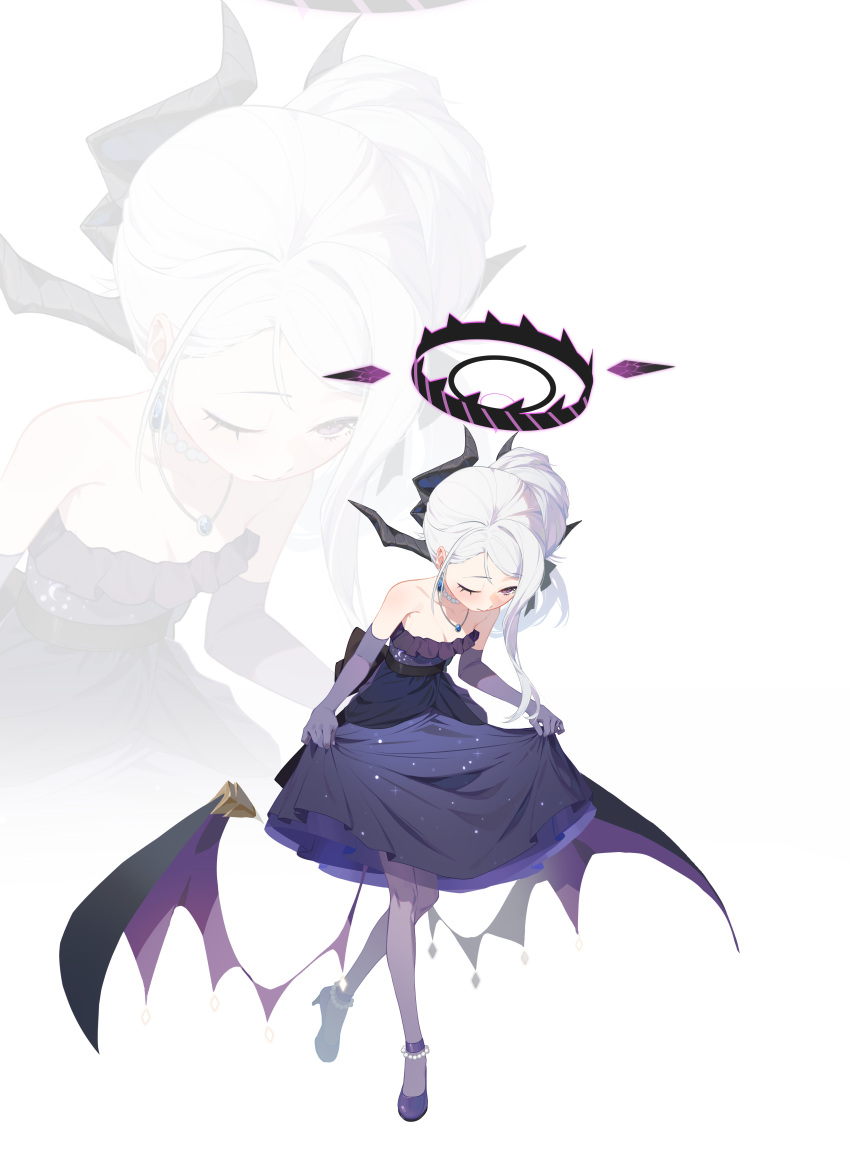 1girl absurdres black_horns blue_archive blush breasts cleavage closed_mouth demon_horns demon_wings dress earrings elbow_gloves full_body gloves halo highres hina_(blue_archive) hina_(dress)_(blue_archive) horns jewelry long_hair multiple_horns necklace official_alternate_costume one_eye_closed pantyhose purple_dress purple_eyes purple_footwear purple_gloves purple_pantyhose purple_wings shoes simple_background small_breasts solo strapless strapless_dress white_background white_hair wings zidu_(9478296) zoom_layer