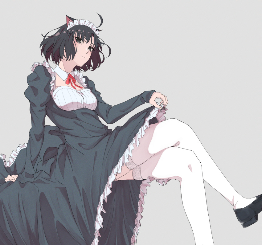 1girl absurdres ahoge alternate_costume anianiani0607 animal_ears arm_support black_dress black_eyes black_footwear black_hair breasts cat_ears closed_mouth crossed_legs detached_collar dress frills grey_background highres juliet_sleeves kara_no_kyoukai long_sleeves maid maid_headdress neck_ribbon puffy_sleeves red_ribbon ribbon ryougi_shiki shoes short_hair simple_background sitting skirt_hold solo thighhighs white_thighhighs zettai_ryouiki