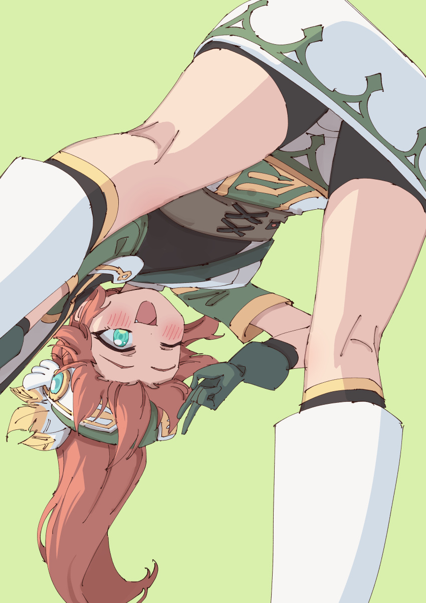 1girl ;d absurdres aqua_eyes bent_over bike_shorts black_shorts blush dress fang gloves green_background green_gloves hat hat_feather highres kneepits legs_apart long_hair maplestory marksman_(maplestory) one_eye_closed open_mouth orange_hair rune_(dualhart) short_sleeves shorts simple_background smile solo standing v white_footwear winged_hat