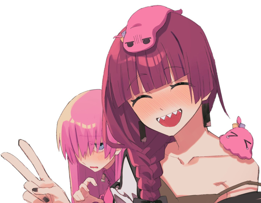 2girls animal_on_head animal_on_shoulder bare_shoulders black_bow black_nails blue_eyes blush bocchi_the_rock! bow braid closed_eyes collarbone gotoh_hitori gotoh_hitori_(octopus) gotoh_hitori_(tsuchinoko) hair_bow hair_over_one_eye highres hiroi_kikuri jacket mikenyan2222 multiple_girls on_head open_mouth pink_hair pink_jacket sharp_teeth simple_background single_braid teeth upper_body v white_background