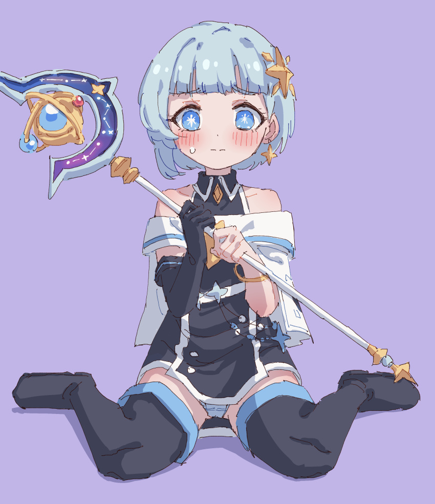 1girl absurdres bare_shoulders black_dress black_footwear black_gloves blue_eyes blue_hair blush boots bracelet closed_mouth dress earrings elbow_gloves full_body furrowed_brow gloves hair_ornament hands_up highres holding holding_staff jewelry light_blue_hair maplestory panties pantyshot purple_background rune_(dualhart) shadow short_dress short_hair sia_astelle simple_background single_earring single_elbow_glove solo split_mouth staff thigh_boots underwear