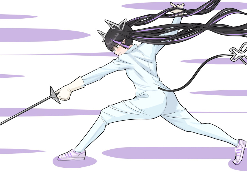 1girl alternate_costume bangs black_hair blunt_bangs bodysuit closed_mouth commentary_request demon_girl demon_horns demon_tail fencing fencing_suit foil_(fencing) full_body gloves highres holding holding_sword holding_weapon horns kojo_anna long_hair multicolored_hair pointy_ears purple_hair robou_no_stone shoes sneakers solo sugar_lyric sword tail twintails two-tone_hair very_long_hair virtual_youtuber weapon white_bodysuit white_footwear white_gloves yellow_eyes