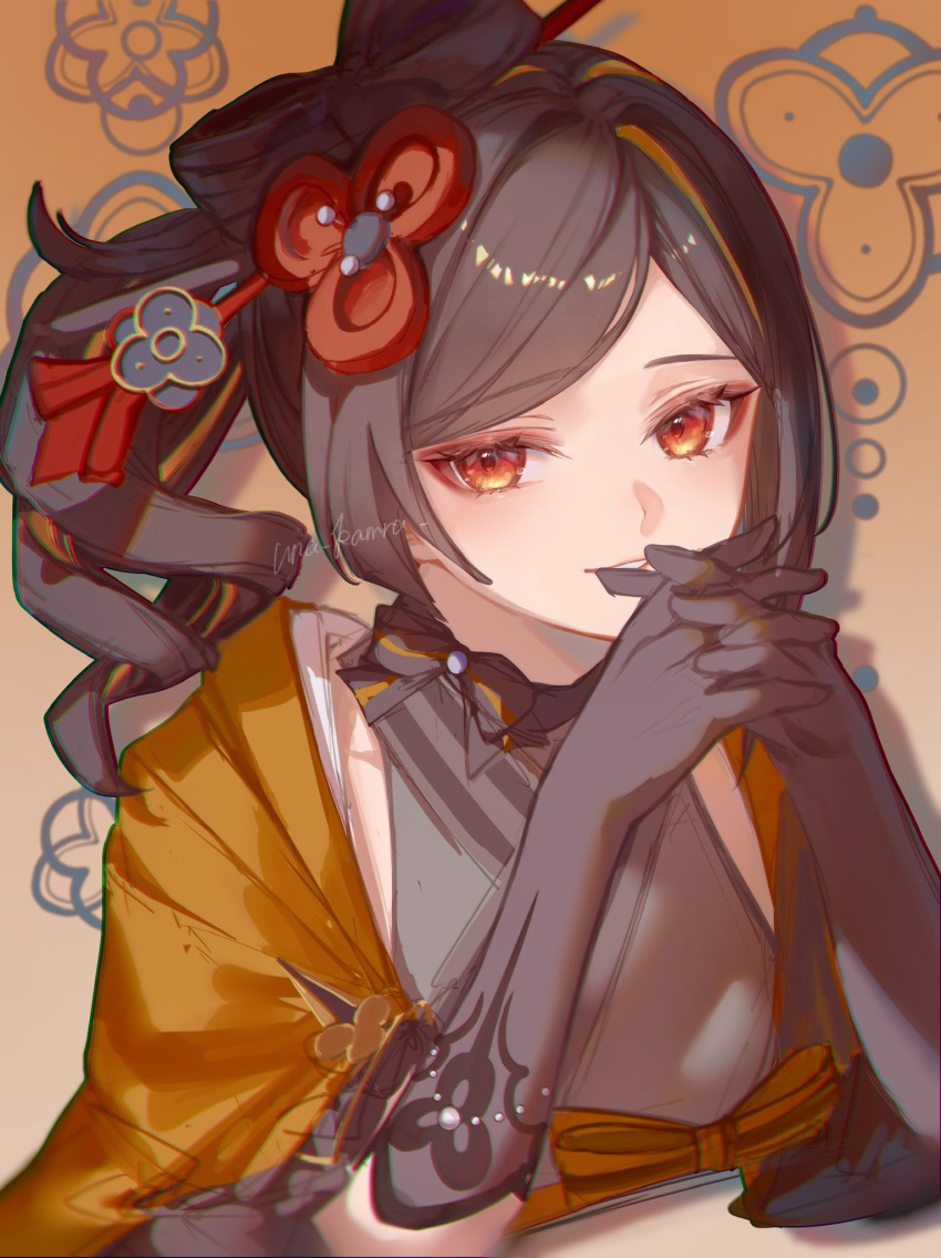 1girl :d black_gloves blush brown_hair chiori_(genshin_impact) covered_mouth drill_hair drill_ponytail elbow_gloves genshin_impact gloves grey_kimono grin hair_ornament hair_stick highres interlocked_fingers jacket japanese_clothes kimono long_hair long_sleeves looking_at_viewer open_clothes open_jacket open_mouth own_hands_together red_eyes side_ponytail sidelocks signature smile solo swept_bangs teeth una_kamra upper_body yellow_jacket