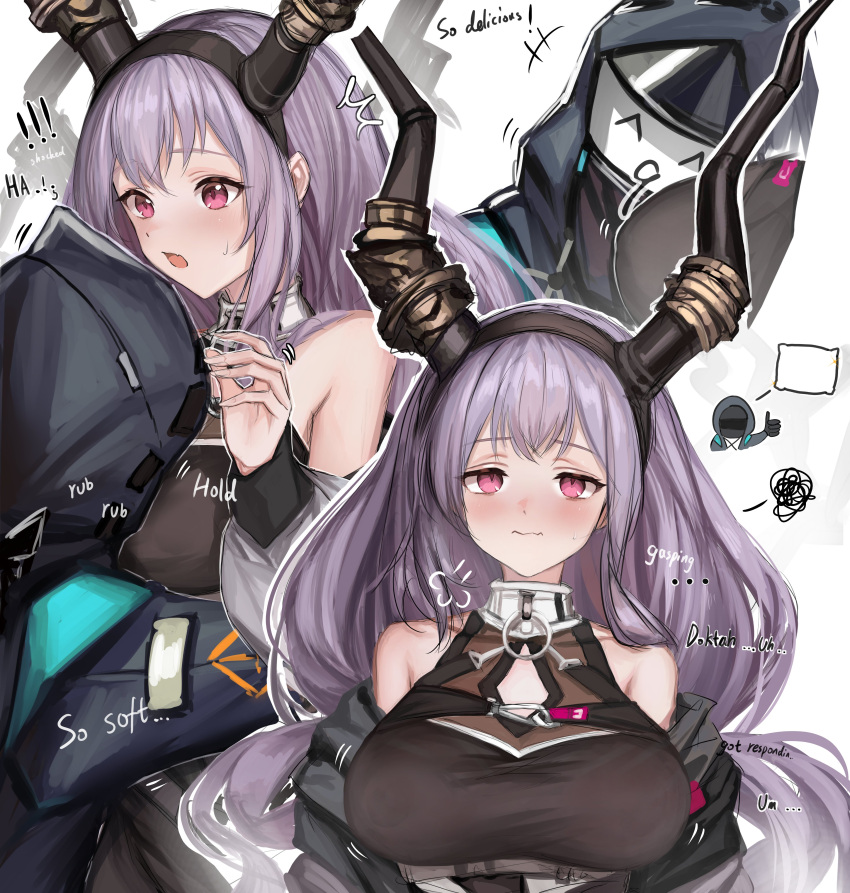 ! !! 1girl 1other absurdres arknights armpit_crease arms_at_sides bare_shoulders between_breasts black_hairband black_horns black_jacket black_mask black_shirt blue_jacket blush breasts chibi chibi_inset cleavage_cutout closed_mouth clothing_cutout doctor_(arknights) english_text fake_horns hair_between_eyes hairband head_between_breasts highres hood hood_up hooded_jacket horns jacket large_breasts long_hair looking_at_viewer mask multiple_views nopetroto nose_blush off_shoulder open_clothes open_jacket pink_eyes purple_hair shirt sidelocks sleeveless sleeveless_shirt surprised typhon_(arknights) wavy_mouth