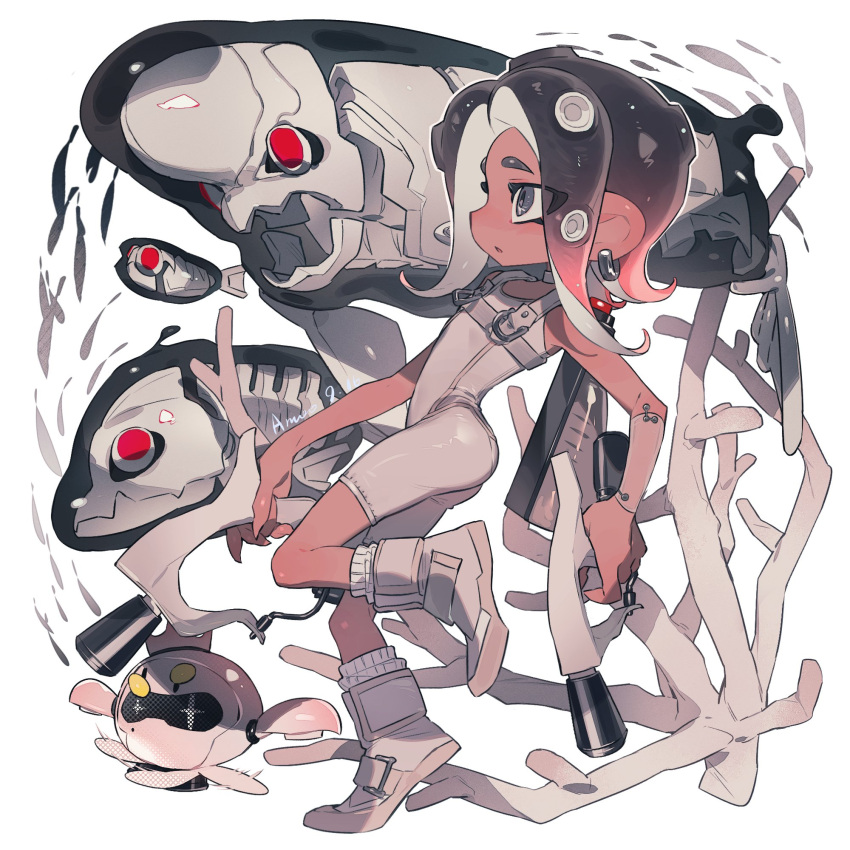 2girls agent_8_(splatoon) amaodd221 battering_lento black_hair bodysuit boots brown_hair choker coral crown detached_sleeves drone dual_wielding earrings from_side full_body gradient_hair grey_eyes hero_dualies_(splatoon) highres holding ink_tank_(splatoon) jelleton jewelry long_hair marching_andante multicolored_hair multiple_girls non-humanoid_robot octoling octoling_girl octoling_player_character parted_lips pearl_drone_(splatoon) robot single_detached_sleeve sleeveless sleeveless_bodysuit socks splatoon_(series) splatoon_3 splatoon_3:_side_order standing standing_on_one_leg star-shaped_pupils star_(symbol) suction_cups swarming_languendo symbol-shaped_pupils tentacle_hair two-tone_hair white_background white_bodysuit white_footwear white_socks