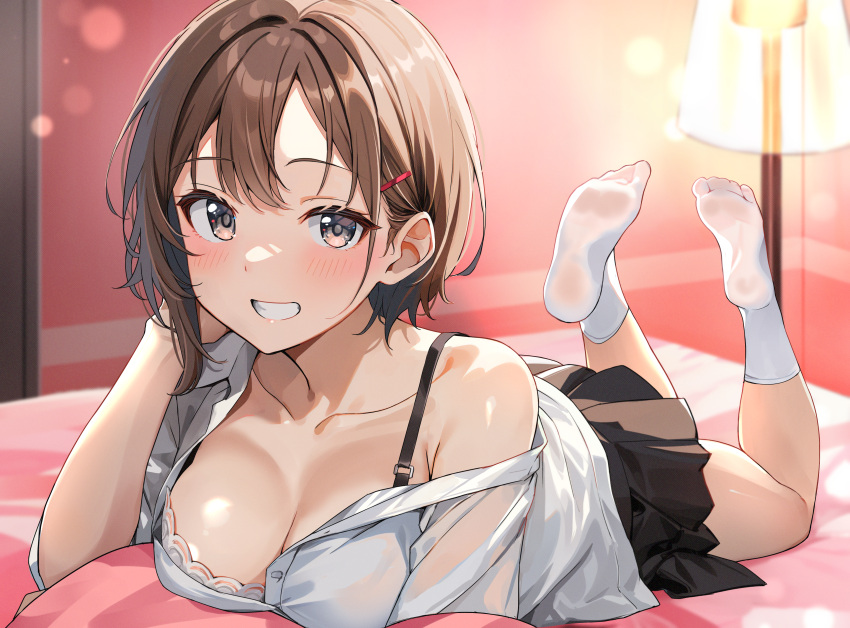 1girl absurdres bed bed_sheet black_skirt blush bra bra_strap breasts brown_eyes brown_hair cleavage collarbone feet feet_up grin highres indoors lamp large_breasts looking_at_viewer lying non-web_source on_bed on_stomach open_clothes open_shirt original pleated_skirt school_uniform shiitake_taishi shirt skirt smile socks soles solo the_pose toes underwear white_bra white_shirt white_socks