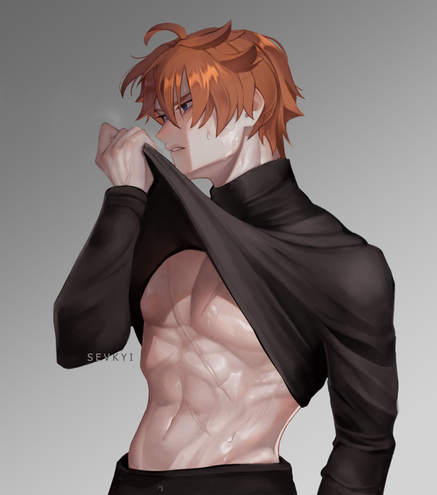 1boy abs absurdres ahoge artist_name black_pants black_shirt blue_eyes clothes_lift from_side genshin_impact grey_background highres long_sleeves looking_ahead male_focus muscular muscular_male orange_hair pants parted_lips pectorals red_hair scar scar_on_chest sevkyi shirt shirt_lift short_hair simple_background solo steam sweat sweatdrop tartaglia_(genshin_impact) teeth turtleneck