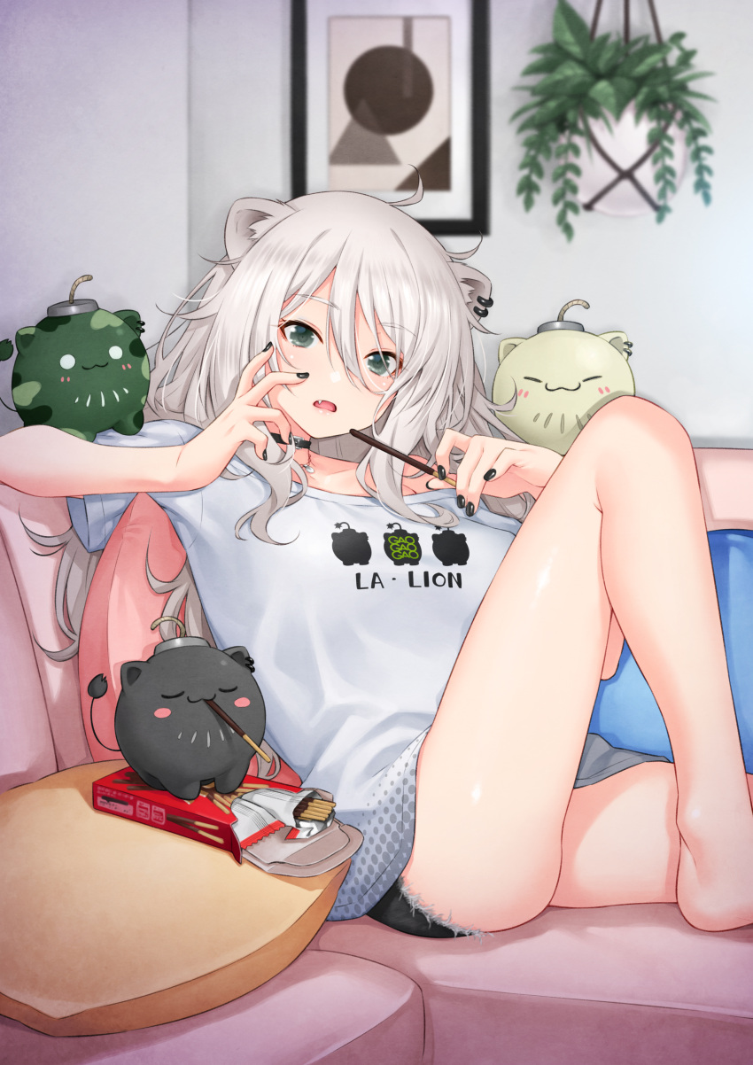 1girl absurdres animal_ears black_nails black_shorts clothes_writing commentary_request couch fang fingernails food green_eyes grey_hair hair_between_eyes highres hololive indoors kazuma_muramasa legs lion_ears lion_girl long_hair looking_at_viewer nail_polish on_couch open_mouth pocky shirt shishiro_botan shorts sitting solo ssrb thighs virtual_youtuber white_shirt