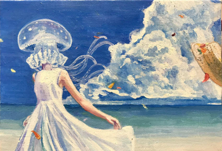 1girl beach blue_sky border cloud day dress facing_away falling_petals from_behind hat highres horizon jellyfish long_hair ocean oil_painting_(medium) original outdoors painting_(medium) petals s_gurico sky sleeveless sleeveless_dress solo straw_hat sun_hat sundress traditional_media unworn_hat unworn_headwear water white_dress white_hair