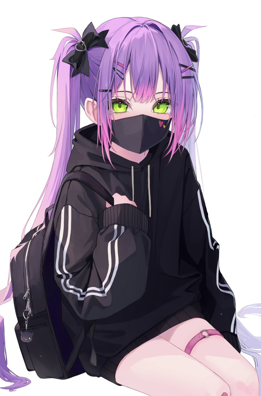 1girl 333shishishi333 bare_legs black_bag black_bow black_hoodie black_mask bow green_eyes hair_bow hair_ornament hairclip highres hololive hood hoodie leg_belt long_hair long_sleeves looking_at_viewer purple_hair sidelocks simple_background sitting sleeves_past_wrists solo tokoyami_towa twintails virtual_youtuber white_background