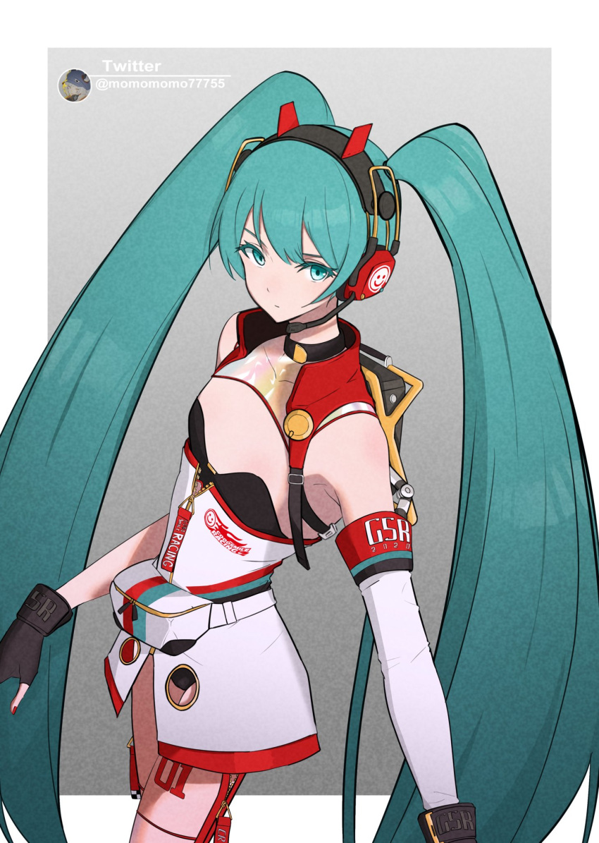 1girl aqua_eyes aqua_hair backpack bag black_collar black_leotard boom_microphone closed_mouth collar detached_sleeves dress fanny_pack flat_chest goodsmile_racing hatsune_miku headset highres leg_tattoo leotard leotard_under_clothes long_hair racing_miku racing_miku_(2020) ritsuki_(momomomo77755) short_dress shrug_(clothing) simple_background solo standing tattoo twintails twitter_username vocaloid white_dress