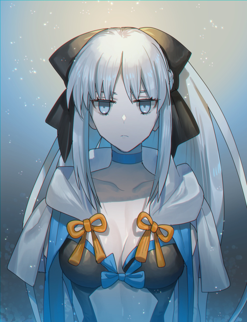 1girl :/ black_bow black_bowtie blue_choker bow bowtie breasts cape choker cleavage fate/grand_order fate_(series) frown grey_eyes grey_hair hair_bow highres long_hair looking_at_viewer medium_breasts morgan_le_fay_(fate) none_(kameko227) solo upper_body white_cape