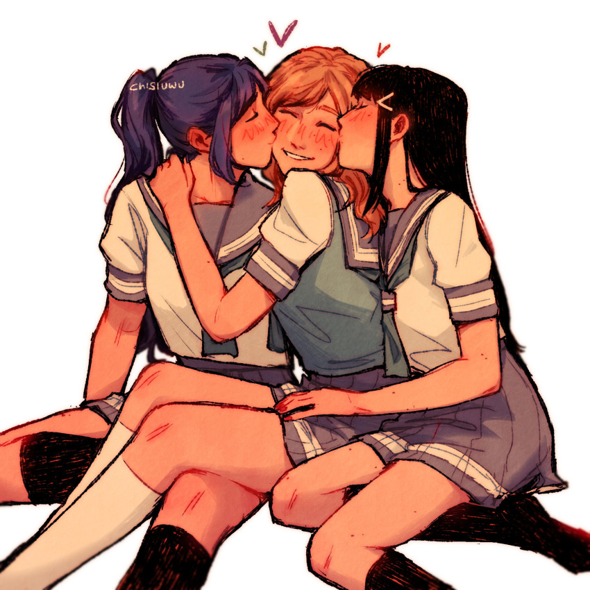 3girls artist_name black_hair black_socks blonde_hair blue_neckerchief blue_shirt blush closed_mouth commentary diezmil10000 english_commentary girl_sandwich grey_sailor_collar grey_skirt hair_ornament hairclip hand_on_another's_neck hand_on_another's_thigh heart highres kiss kissing_cheek kneehighs kurosawa_dia long_hair love_live! love_live!_sunshine!! matsuura_kanan multiple_girls neckerchief ohara_mari parted_lips pleated_skirt ponytail purple_hair sailor_collar sandwiched school_uniform shirt short_sleeves simple_background sitting skirt smile socks uranohoshi_school_uniform white_background white_shirt white_socks yuri