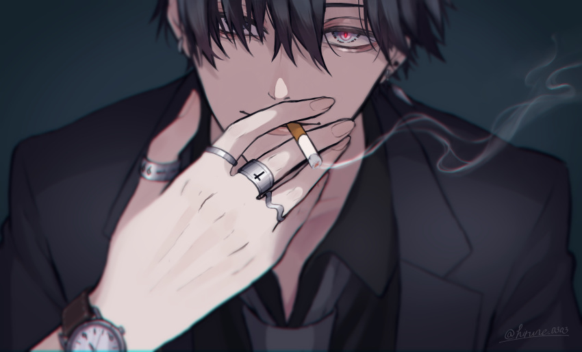 1boy black_hair blue_eyes blurry cigarette commentary_request demon depth_of_field earrings facing_viewer glowing glowing_eyes grey_necktie hair_between_eyes hand_focus highres hirune_0033 holding holding_cigarette jewelry looking_at_viewer male_focus multiple_rings necktie original ring ringed_eyes short_hair signature slit_pupils smile smoke smoking solo suit tobacco twitter_username watch wristwatch