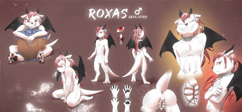 anthro anus butt female fur furaffinity hair lutrine mammal model_sheet mustelid red_background red_eyes red_hair simple_background smile stampmats white_body white_fur wings