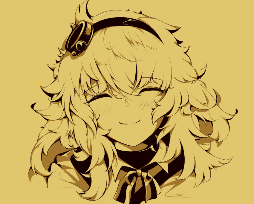 blonde_hair closed_eyes girls'_frontline green_eyes hair_ornament hairpin highres lion_hair long_hair necktie rabe26k s.a.t.8_(girls'_frontline) shirt simple_background smile yellow_background yellow_shirt