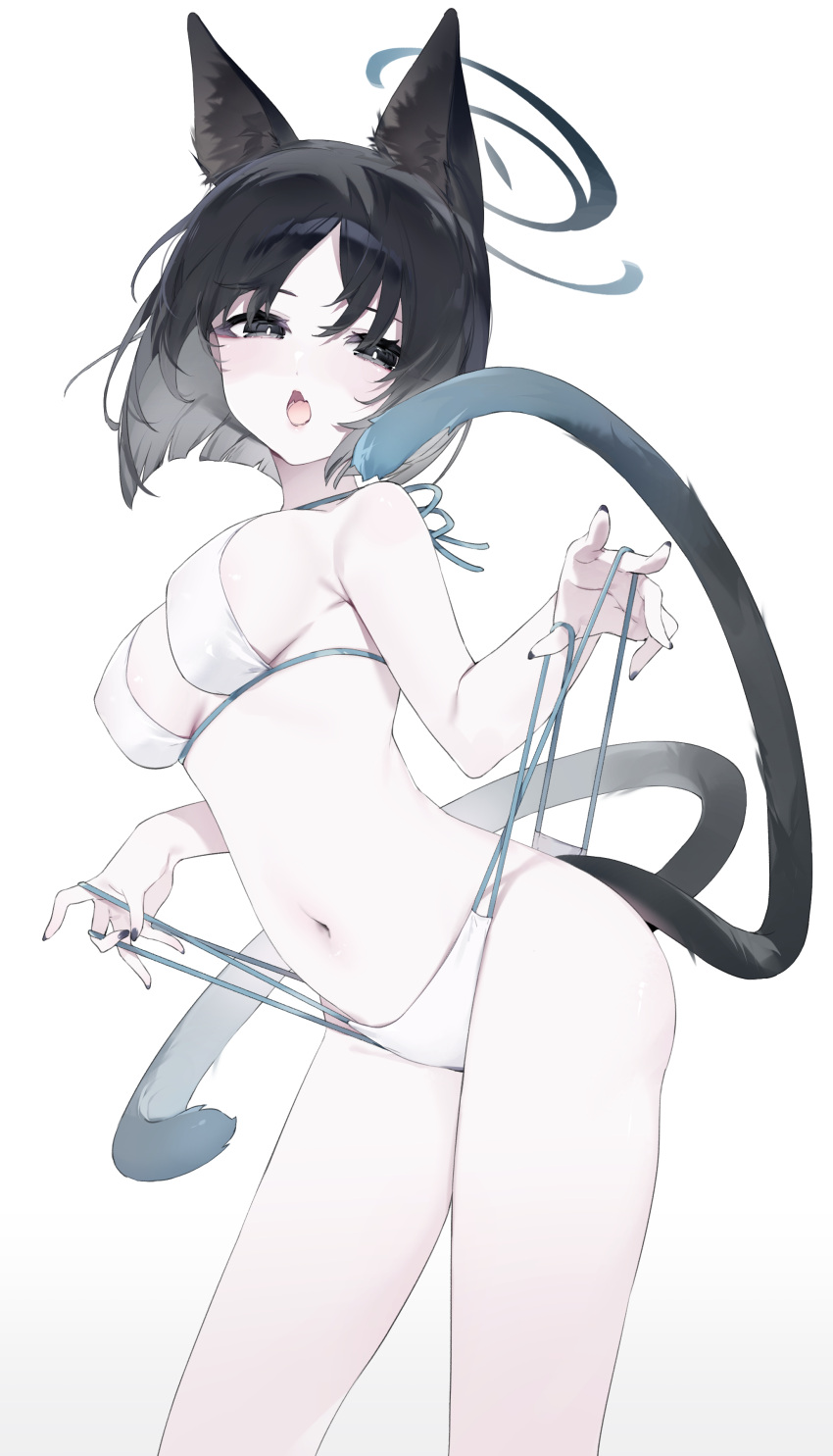 1girl absurdres animal_ears ass bare_arms bare_legs bare_shoulders bikini black_eyes black_hair blue_archive blue_halo blush breasts cat_ears cat_tail cowboy_shot fang halo highres kikyou_(blue_archive) looking_at_viewer medium_breasts meunhongcha multiple_tails navel open_mouth short_hair simple_background skin_fang solo swimsuit tail two_tails white_background white_bikini