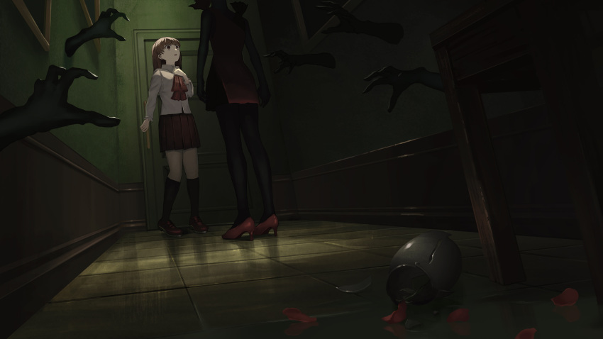 2girls brown_hair door flower high_heels highres horror_(theme) ib ib_(ib) long_hair long_sleeves multiple_girls open_mouth red_eyes red_flower red_rose rose skirt standing yomai_id