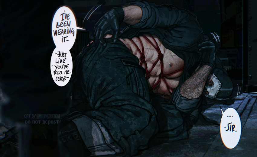 1boy abs arm_tattoo bara bare_pectorals black_gloves black_pants call_of_duty call_of_duty:_modern_warfare_2 clothes_lift english_text ghost_(modern_warfare_2) gloves highres large_pectorals lying male_focus mask muscular muscular_male nipples on_side pants pectorals red_rope rope shibari shirt shirt_lift skull_mask solo tattoo twitter_username umikochannart