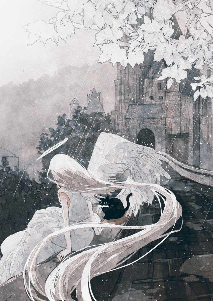 1girl angel angel_wings black_cat building castle cat dress feathered_wings from_behind grey_sky halo highres leaf long_hair original oseto_(oxxsexxto) outdoors painting_(medium) pale_skin rain sitting sky sleeveless sleeveless_dress solo traditional_media tree very_long_hair watercolor_(medium) white_dress white_hair white_wings wings