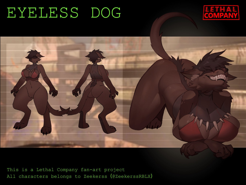 4:3 anthro bared_teeth big_breasts big_butt black_claws blind blindfold bra breasts brown_body brown_fur brown_hair butt canid canine claws clothing crop_top crouching digitigrade disability ears_down english_text eyeless_dog_(lethal_company) fangs female fluffy front_view fur hair hi_res huge_breasts inner_ear_fluff jewelry lethal_company logo lying mammal model_sheet necklace pawpads paws pivoted_ears raised_tail rear_view shirt skindentation smile snout solo spiky_hair tail teeth text theamazingspino_(artist) thick_thighs topwear tuft underwear wide_hips