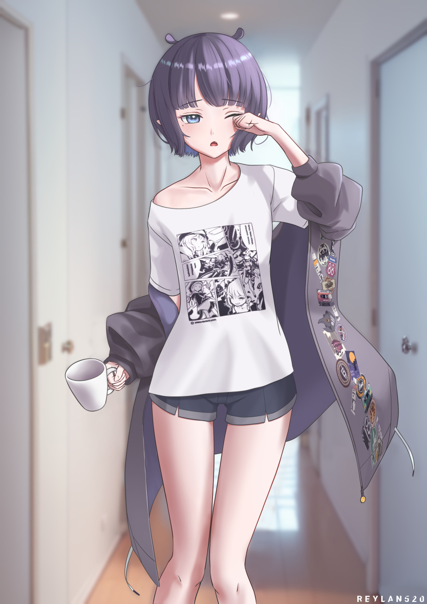 1girl :o absurdres artist_name black_shorts blunt_bangs blurry blurry_background blush chestnut_mouth collarbone commentary cup door drawstring eyelashes fang grey_jacket hallway hand_up highres holding holding_cup hololive hololive_english indoors jacket long_sleeves looking_at_viewer mole mole_under_eye mug ninomae_ina'nis ninomae_ina'nis_(5th_costume) off_shoulder official_alternate_costume one_eye_closed open_clothes open_jacket open_mouth pointy_ears print_shirt puffy_long_sleeves puffy_sleeves purple_eyes purple_hair reylan520 rubbing_eyes shirt short_hair short_shorts short_sleeves shorts sidelocks single_bare_shoulder sitting sleepy solo t-shirt virtual_youtuber white_shirt