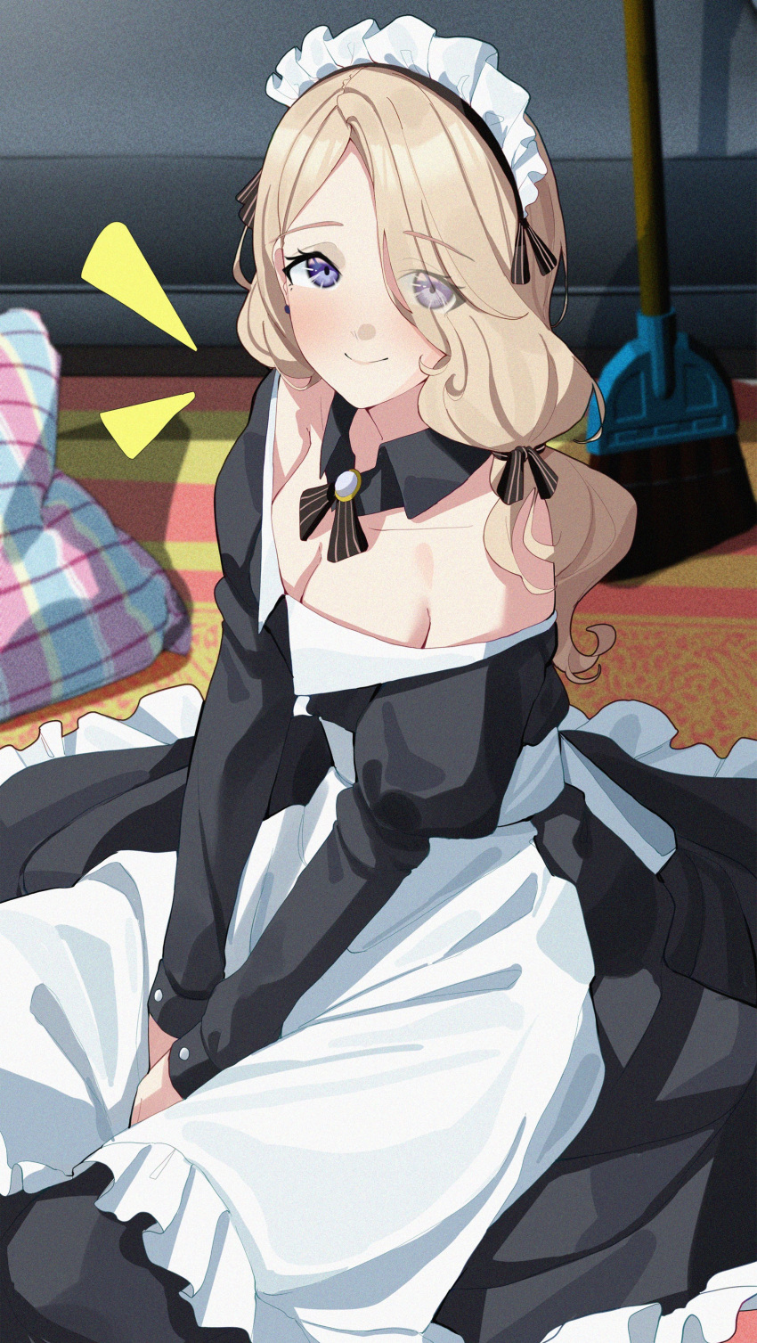 1girl absurdres alternate_costume apron blonde_hair blue_eyes bow breasts broom cleavage earrings fire_emblem fire_emblem:_three_houses hair_bow hair_over_shoulder highres jewelry long_hair low-tied_long_hair low_ponytail maid maid_apron maid_headdress medium_breasts mercedes_von_martritz sethtya23 solo