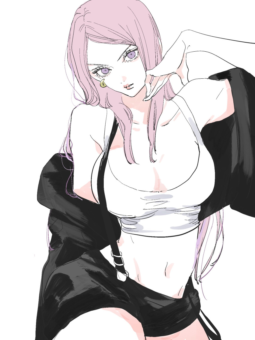 1girl bare_shoulders black_jacket black_shorts black_skirt breasts cleavage cowboy_shot crop_top earrings hand_up highres jacket jewelry jewelry_bonney large_breasts long_hair looking_at_viewer midriff navel needbee_r off_shoulder one_piece parted_lips pink_hair purple_eyes shorts simple_background skirt solo suspenders tank_top white_background white_tank_top
