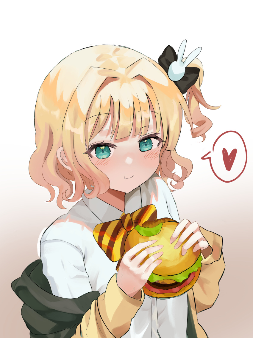 1girl :t absurdres black_bow blonde_hair blush bow bowtie burger closed_mouth collared_shirt dress_shirt eating ento_(user_jjce7387) food gochuumon_wa_usagi_desu_ka? gradient_background green_eyes hair_bow hair_ornament heart highres holding holding_food jacket kirima_syaro long_sleeves looking_at_viewer off_shoulder one_side_up open_clothes open_jacket rabbit_hair_ornament shirt short_hair simple_background solo spoken_heart striped_bow upper_body wavy_hair white_background white_shirt