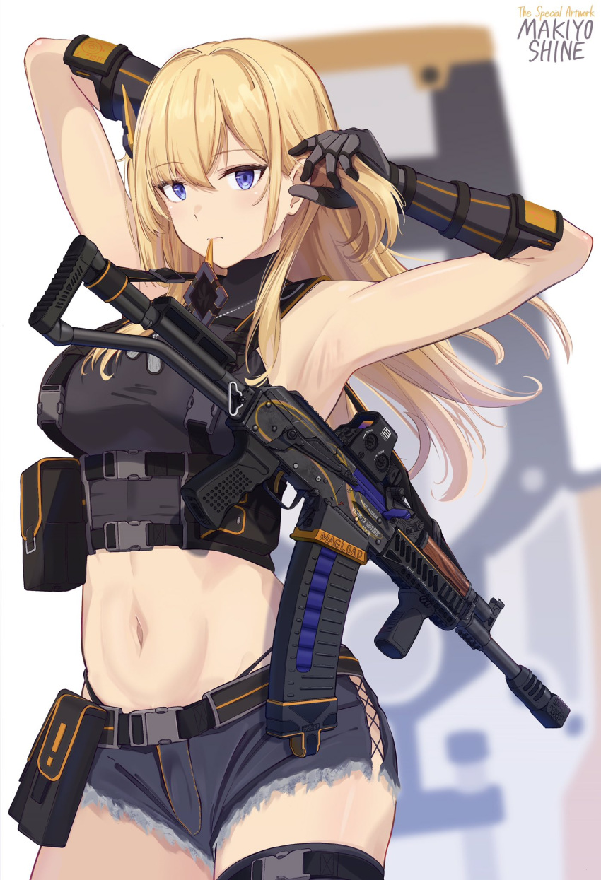 1girl armpits artist_name black_gloves blonde_hair blue_eyes blue_shorts denim denim_shorts expressionless gloves grey_tank_top gun highres long_hair looking_at_viewer makiyo_shine optical_sight original shorts shotgun solo stomach tank_top vepr-12 weapon white_background