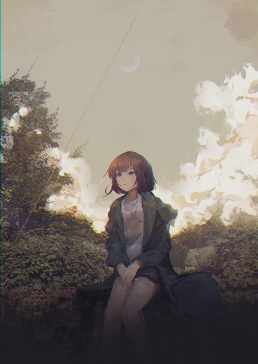 1girl :o absurdres blue_eyes brown_hair chromatic_aberration cloud coat crescent_moon eliot_(eokaitekaite969) feet_out_of_frame green_coat highres long_sleeves moon open_clothes open_coat original outdoors own_hands_together parted_lips shirt short_hair shorts sitting sky solo tree white_shirt