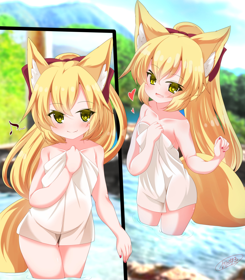 1girl :d animal_ear_fluff animal_ears bare_arms bare_shoulders blonde_hair blurry blurry_background borrowed_character bow breasts closed_mouth collarbone commentary_request depth_of_field eighth_note fang fang_out fox_ears fox_girl fox_tail hair_between_eyes hair_bow hand_up highres kanijiru long_hair medium_breasts musical_note naked_towel original ponytail red_bow signature smile tail towel very_long_hair wading water yellow_eyes