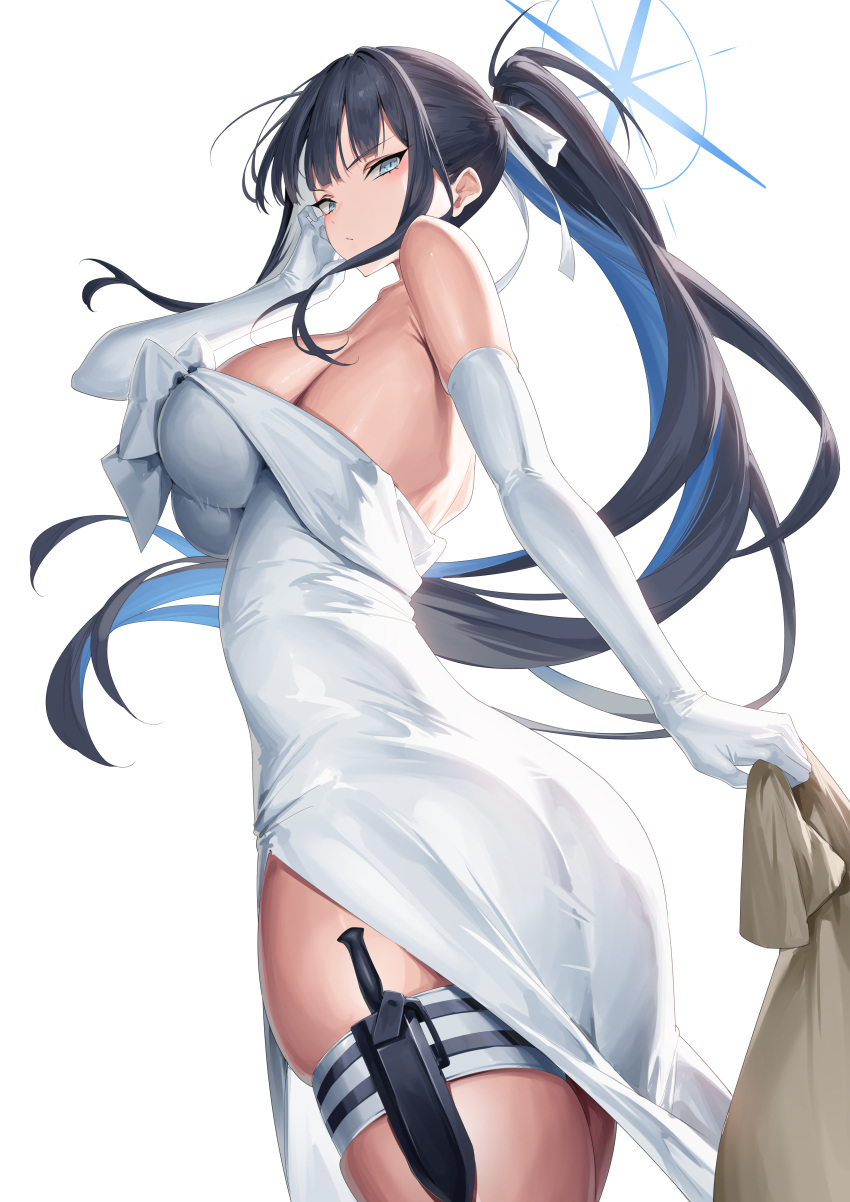 1girl absurdres ass bare_shoulders black_hair blue_archive blue_eyes blue_hair blush breasts combat_knife dress elbow_gloves gloves hair_ribbon halo highres knife knife_sheath large_breasts long_hair looking_at_viewer looking_back multicolored_hair ponytail ribbon saori_(blue_archive) saori_(dress)_(blue_archive) sheath solo thighs weapon white_dress white_gloves yamanokami_eaka