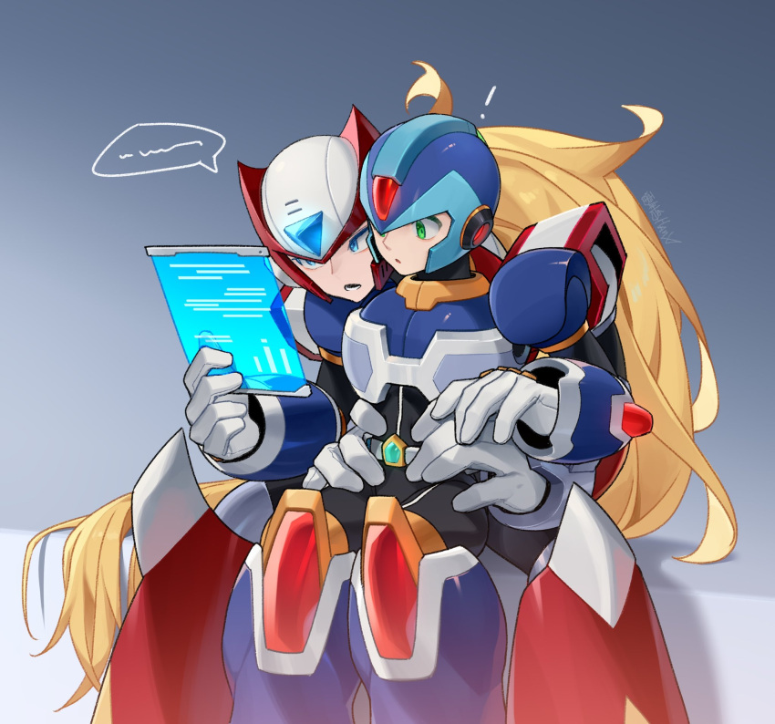 2boys armor blonde_hair blue_armor blue_eyes blue_headwear buzzsaw_(6631455) forehead_jewel green_eyes helmet highres holding hug hug_from_behind long_hair male_focus mega_man_(series) mega_man_x:_command_mission mega_man_x_(series) multiple_boys new_armor_x_(mega_man) red_armor red_headwear shoulder_armor sitting speech_bubble very_long_hair x_(mega_man) yaoi zero_(mega_man)