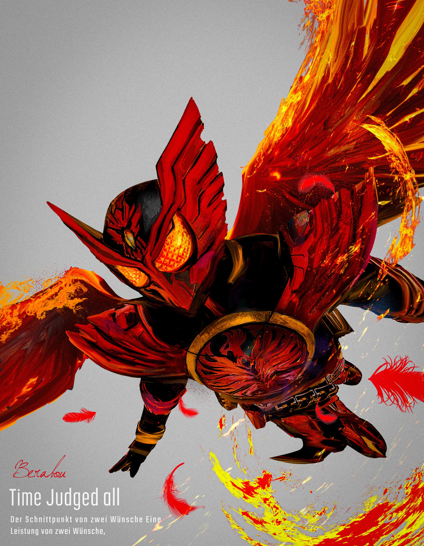 1boy absurdres armor belt_buckle black_bodysuit bodysuit buckle english_text fiery_wings forehead_jewel full_body german_text grey_background helmet highres kamen_rider kamen_rider_ooo kamen_rider_ooo_(series) obakelope0530 power_armor red_armor simple_background wings