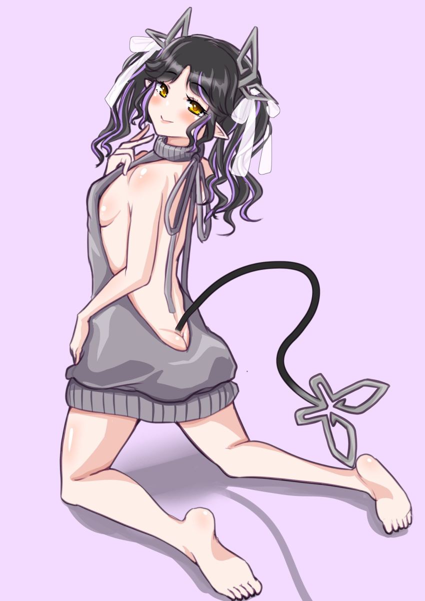 1girl aran_sweater ass back backless_dress backless_outfit bangs bare_back barefoot black_hair blush bow breasts butt_crack closed_mouth commentary_request demon_girl demon_horns demon_tail dress full_body grey_sweater hair_bow halterneck highres horns kneeling kojo_anna long_hair looking_at_viewer looking_back medium_breasts meme_attire multicolored_hair naked_sweater official_alternate_costume pink_background pointy_ears purple_hair ribbed_sweater robou_no_stone sideboob simple_background smile soles solo sugar_lyric sweater sweater_dress tail turtleneck turtleneck_sweater twintails two-tone_hair virgin_killer_sweater virtual_youtuber white_bow yellow_eyes