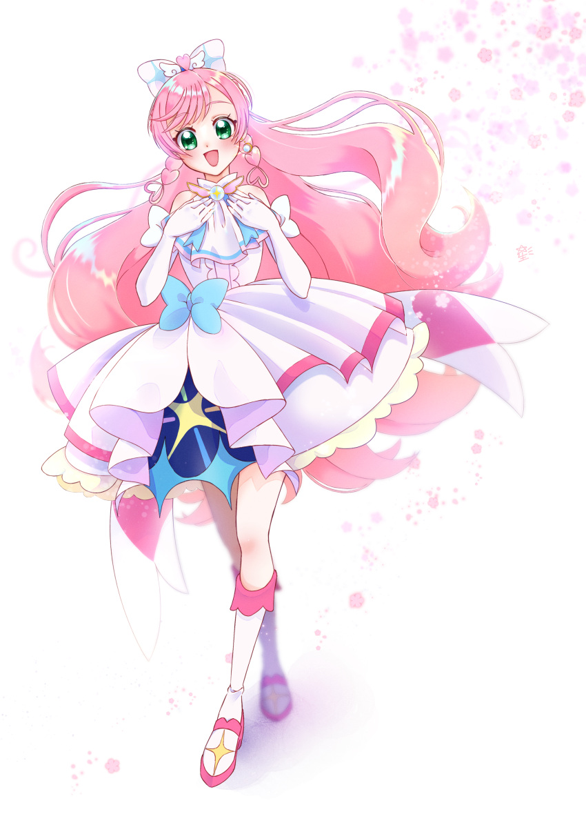 1girl absurdres ascot boots bow braid brooch commentary crossed_knees cure_prism dress earrings elbow_gloves fujisaki_star full_body gloves green_eyes hair_bow hands_on_own_chest highres hirogaru_sky!_precure jewelry knee_boots layered_dress long_hair looking_at_viewer magical_girl medium_dress nijigaoka_mashiro open_mouth pink_hair precure side_braids single_earring sleeveless sleeveless_dress smile solo standing very_long_hair white_ascot white_background white_bow white_dress white_footwear white_gloves wing_brooch wing_hair_ornament