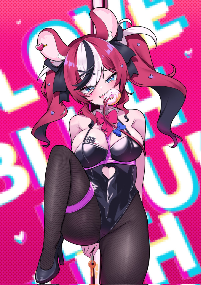 1girl bdsm black_hair black_pantyhose blue_eyes bondage bound breasts cafelittle card doughnut food hakos_baelz high_heels highres hololive hololive_english key looking_at_viewer mouse_girl multicolored_hair pantyhose playboy_bunny playing_card red_hair white_hair