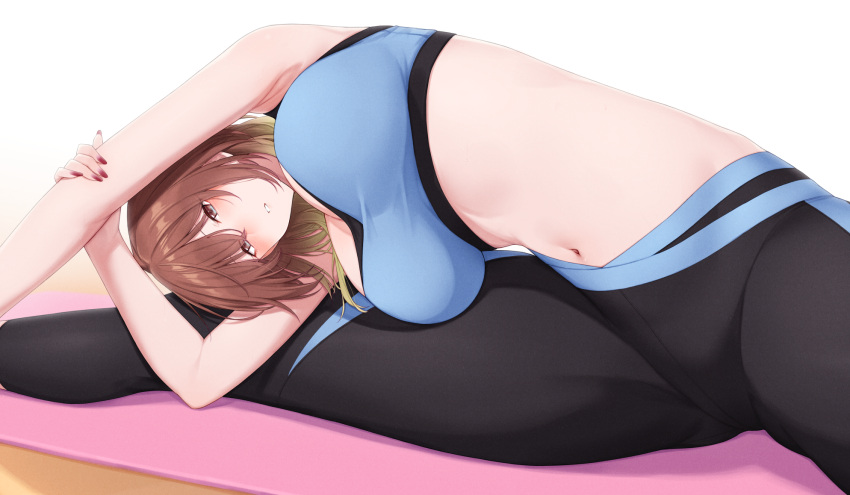 1girl aketa_mikoto alternate_costume armpits blue_sports_bra blush breasts brown_hair commentary_request gradient_hair highres holding_own_arm idolmaster idolmaster_shiny_colors kirou_(kiruyuu1210) large_breasts mat multicolored_hair navel pants solo sports_bra spread_legs stretching two-tone_pants yoga_pants