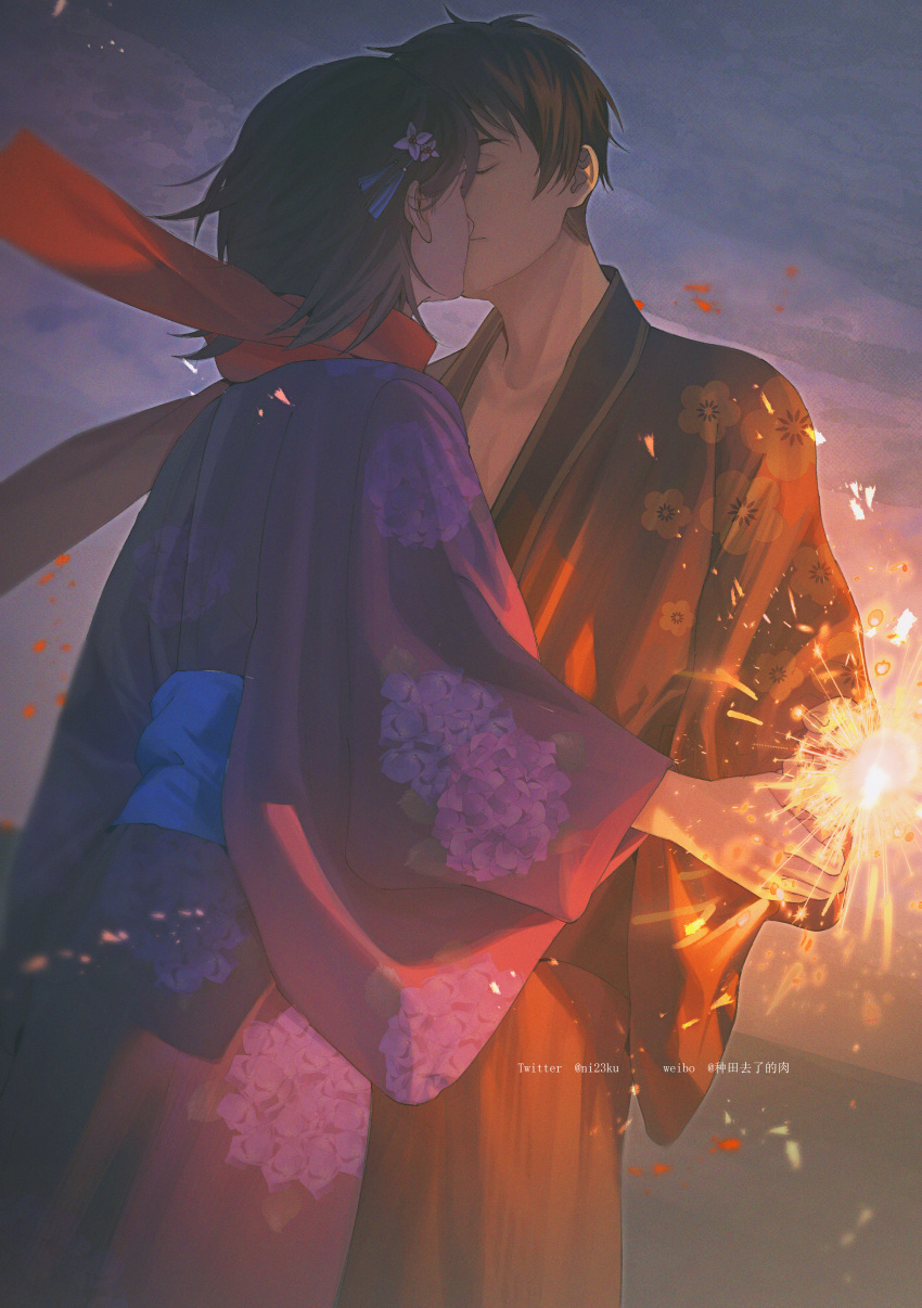 1boy 1girl absurdres black_hair black_robe brown_hair commentary eren_yeager fireworks floral_print flower hair_flower hair_ornament hetero highres holding japanese_clothes kimono kiss mikasa_ackerman niku_(ni23ku) purple_kimono red_scarf robe scarf shingeki_no_kyojin sparkler twitter_username weibo_username yukata