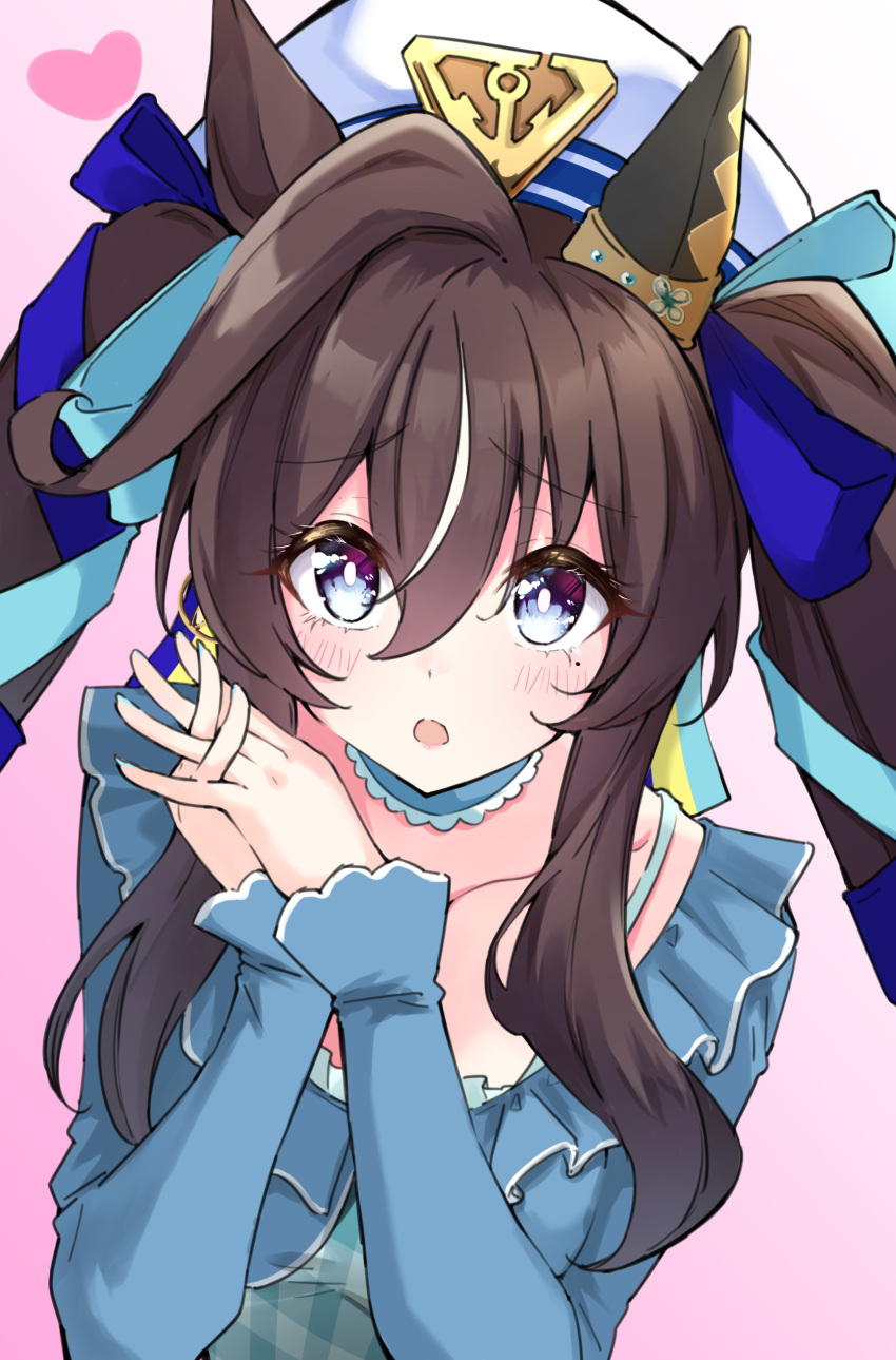 1girl absurdres animal_ears blue_eyes blue_shirt blush breasts brown_hair earrings frilled_shirt frills gradient_background hair_between_eyes hair_ribbon hands_up hat heart highres horse_ears interlocked_fingers jewelry long_hair long_sleeves looking_at_viewer mole mole_under_eye multicolored_hair open_mouth own_hands_together raised_eyebrows ribbon shirt single_earring small_breasts solo streaked_hair tiara_(871220) twintails umamusume upper_body vivlos_(umamusume) white_headwear